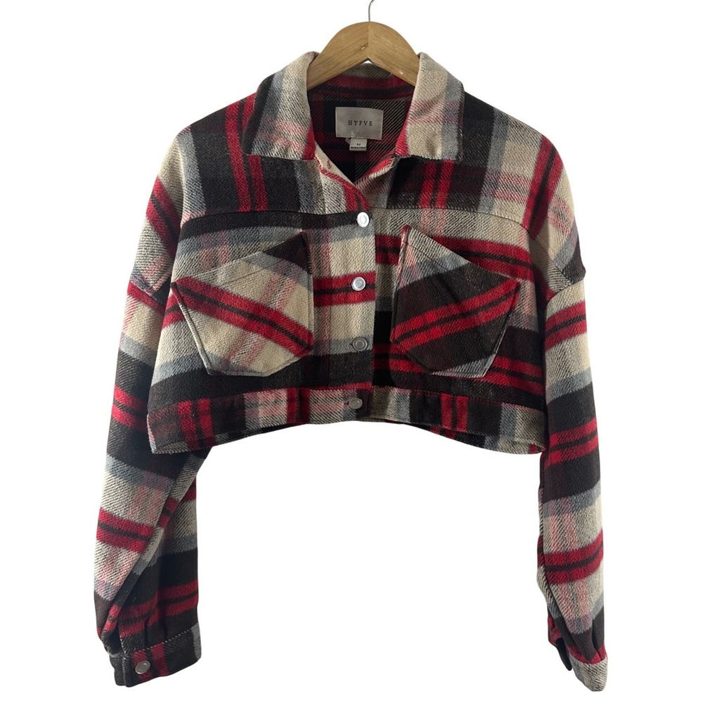 HYFVE Red Plaid Cropped Shacket Womens Medium Snap Button Flannel Jacket